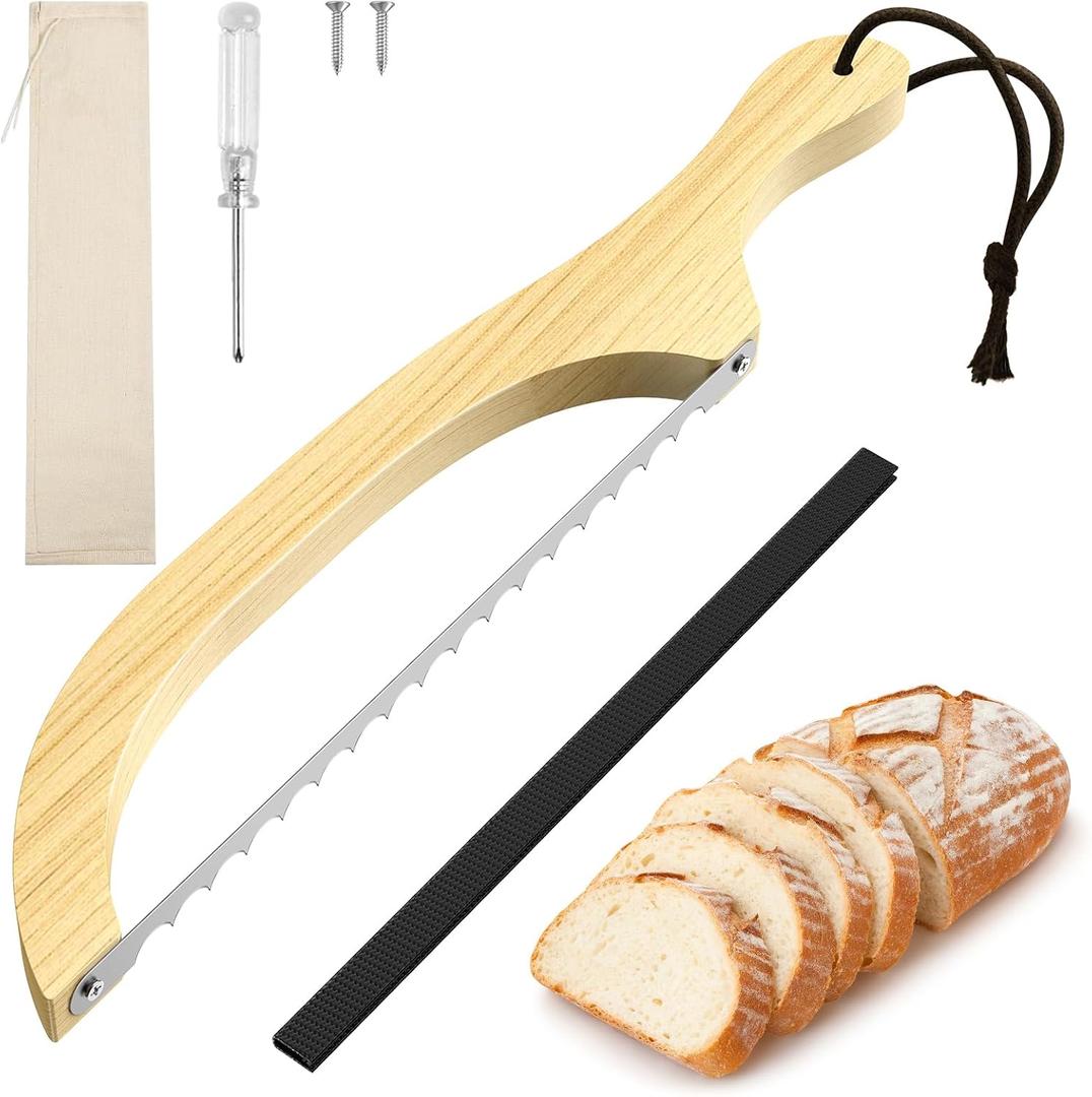 Bread Knife for Homemade Bread  16" Walnut Bow Bread Cutter with Ultra-Sharp Serrated Stainless Steel Blade, Sourdough Bread Knife for Bagels, Baguettes, and Rustic Loaves - Wood Color
