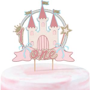 Princess Castle One Birthday Cake Topper - First Cake Decor Insert, 1st Pink Cake Topper for Birthday Party Supplies