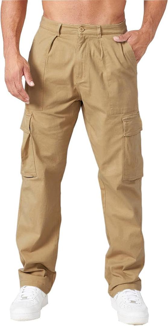 THWEI Cargo Pants for Men Casual Cotton Lightweight Relaxed Fit Stretch Elastic Waist Work Pants (3X-Large, Khaki)