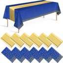 12 Pack Blue and Gold Tablecloth and Table Runner Party Decorations, Royal Blue and Gold Plastic Disposable Tablecloth and Satin Table Runner for Wedding Birthday Bridal Graduation Anniversary Party