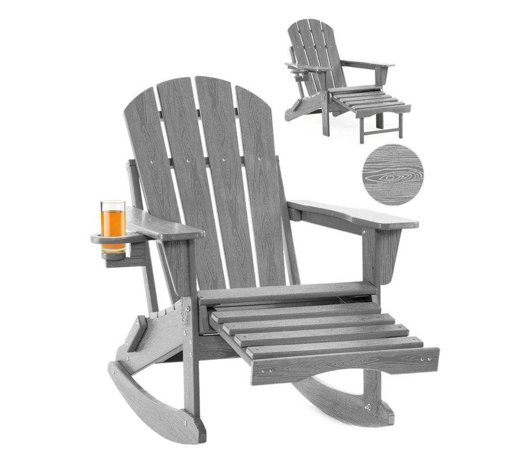 Folding Adirondack Rocking Chair,4-in-1 Multifunctional Patio Chair with Retractable Ottoman, Outdoor Chair Wood Texture, Lawn Chair for Porch, Backyard, Pool(Grey)