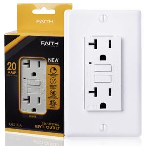 Faith 20A GFCI Outlet, ETL Listed, Non-Tamper-Resistant GFI Duplex Receptacles with LED Indicator, Self-Test Ground Fault Circuit Interrupter with Wall Plate, White (1 Pack)