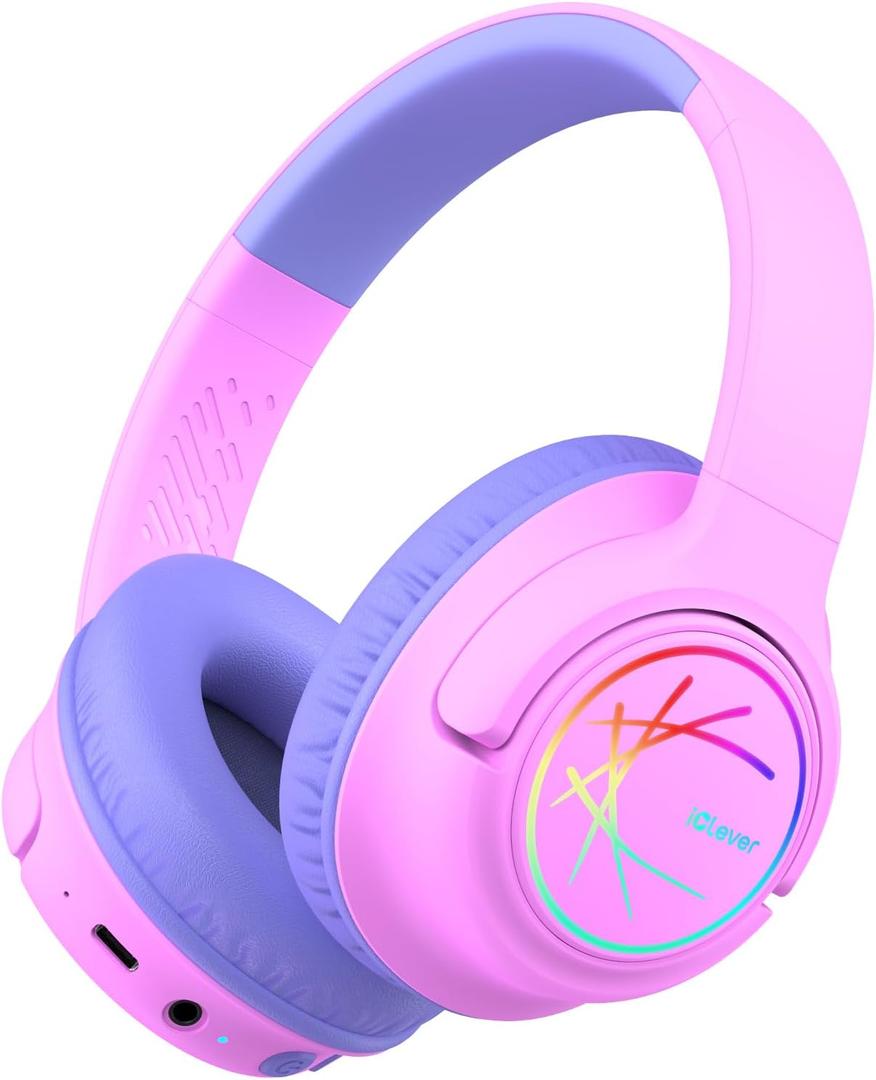 iClever Kids Bluetooth Headphones with LED Lights, BTH18 Safe Volume 74/85dBA, 43H Playtime, Bluetooth5.3 Kids Headphones Wireless Aux Cord for iPad/Tablet/Travel/School, Pink/Blue
