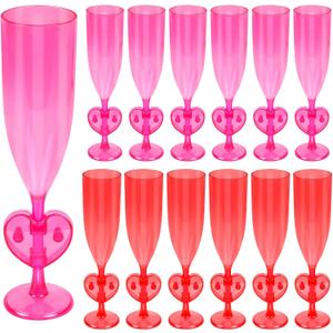 clothmile 12 Pieces Valentines Day Heart Plastic Champagne Flutes 6 Oz Heart Acrylic Stemware Cocktail Cups Bulk for Valentines Wedding Toasting Engagement Party Supplies (Red & Pink)