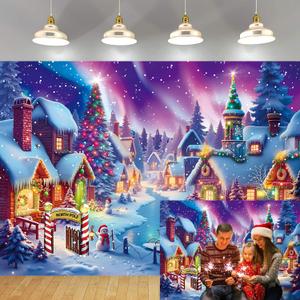 Christmas Village Photography Backdrop North Pole Snow Village Photo Backdrop Winter Night Xmas Tree Santa Party Decorations Holiday Photo Booth Banner (8x6FT)