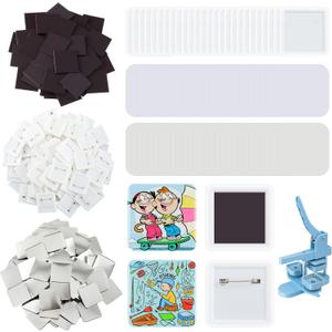 100 Sets 50mm/1.97 Inch Square Button Parts, Include 50 Fridge Magnet Maker Supplies and 50 Pin Making Supplies for Square-Shaped Button Maker Machine, DIY Gift Crafts