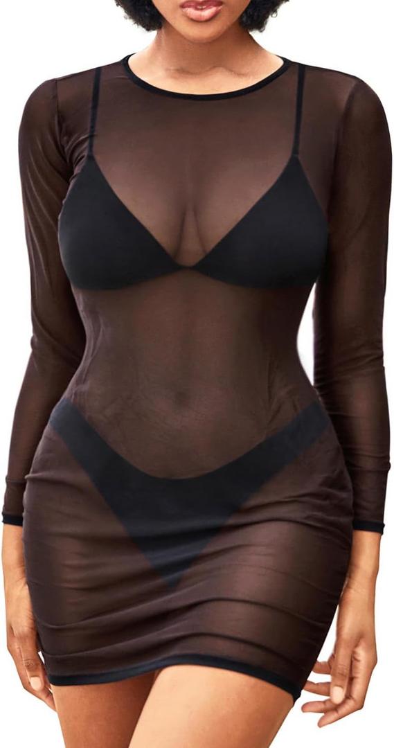 Daci Women's Sexy Sheer Mesh Swimsuit Cover up with Long Sleeves Beach Dress Bodycon Style (XX-Large, Black)