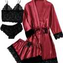 LYANER Women's 4pcs Sleepwear Satin Floral Lace Trim Cami Pajama Set with Robe (Pure Wine Red), Large