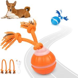 Interactive Dog Toy, Motion-Activated & Automatic Rolling, USB Rechargeable Smart Dog Ball with Teaser Rope & Squeaky Sound for Small & Medium Dogs, Puppy Stimulation Toy Orange & Blue (Orange)