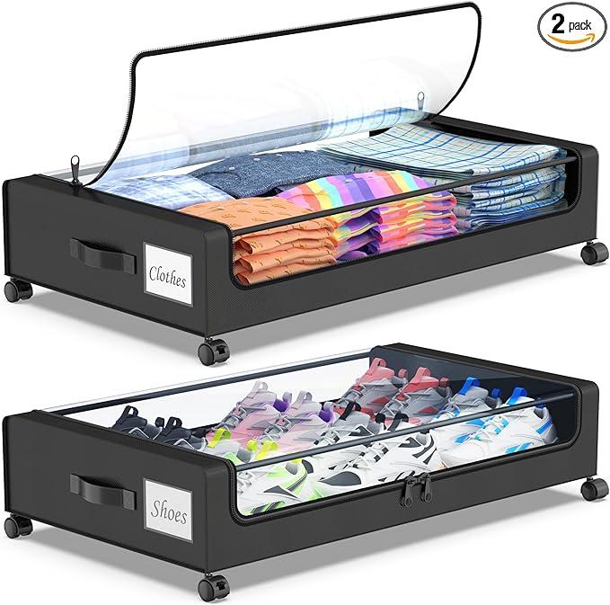 Under Bed Storage with Wheels, 2Pack Under Bed Storage Containers with Clear Lids, XXL 65L Under the bed storage Organizer Bins, Rolling Under Bed Metal Drawer for Clothes,Shoes,Toys (White, 2Pack)