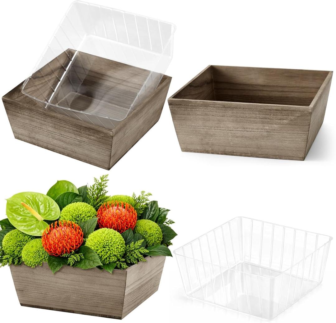 Dandat 2 Set Wooden Centerpiece Box for Wedding Table Decor 10 Inch Rustic Wood Planter Box with Removable Plastic Liner Farmhouse Flower Boxes for Party, Wedding, Baby Shower, Home Garden Decor