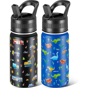 2 Pack Kids Water Bottle,14 Oz Stainless Steel Water Bottle with Straws, Leak-Proof, BPA-Free, Insulated Water Bottles for School Boys & Girls|Black Car + Blue Dinosaur