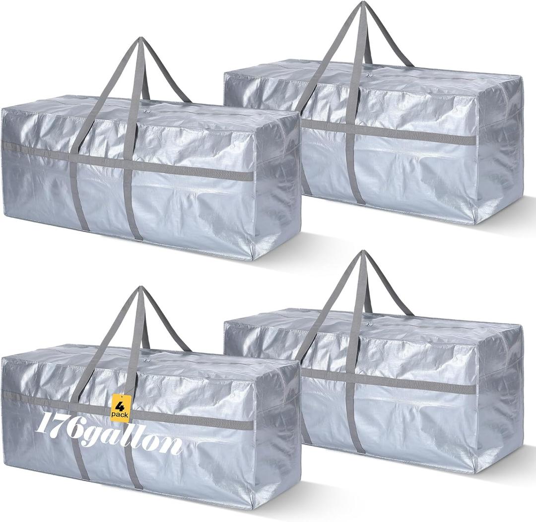 4 Pcs 176 Gallon Extra Large Moving Bags Heavy Duty Storage Bag with Strong Zipper Handle Foldable XXL Jumbo Storage Tote Packing Moving Box for College Dorm Travel Cloth Duffle (Silver)