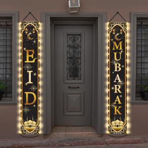 Eid Mubarak Door Banners Lighted Decorations Eid Al-Adha Porch Sign with LED Light Decorations Black Gold Moon Lantern Door Sign Hanging Banner for Eid Al-Adha Party Outside Lighted Decor