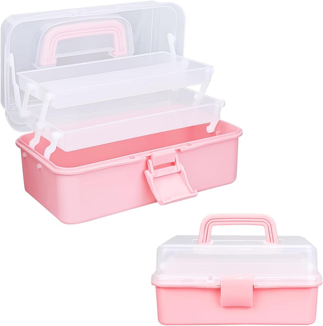 Tackle Box Organizers and Storage,10inch Craft Organizers and Storage,Three-Layer Sewing Box With 2 Trays,Medicine Storage Box With Handle For Nail、Makeup、Diamond Painting、Building Blocks (PINK)