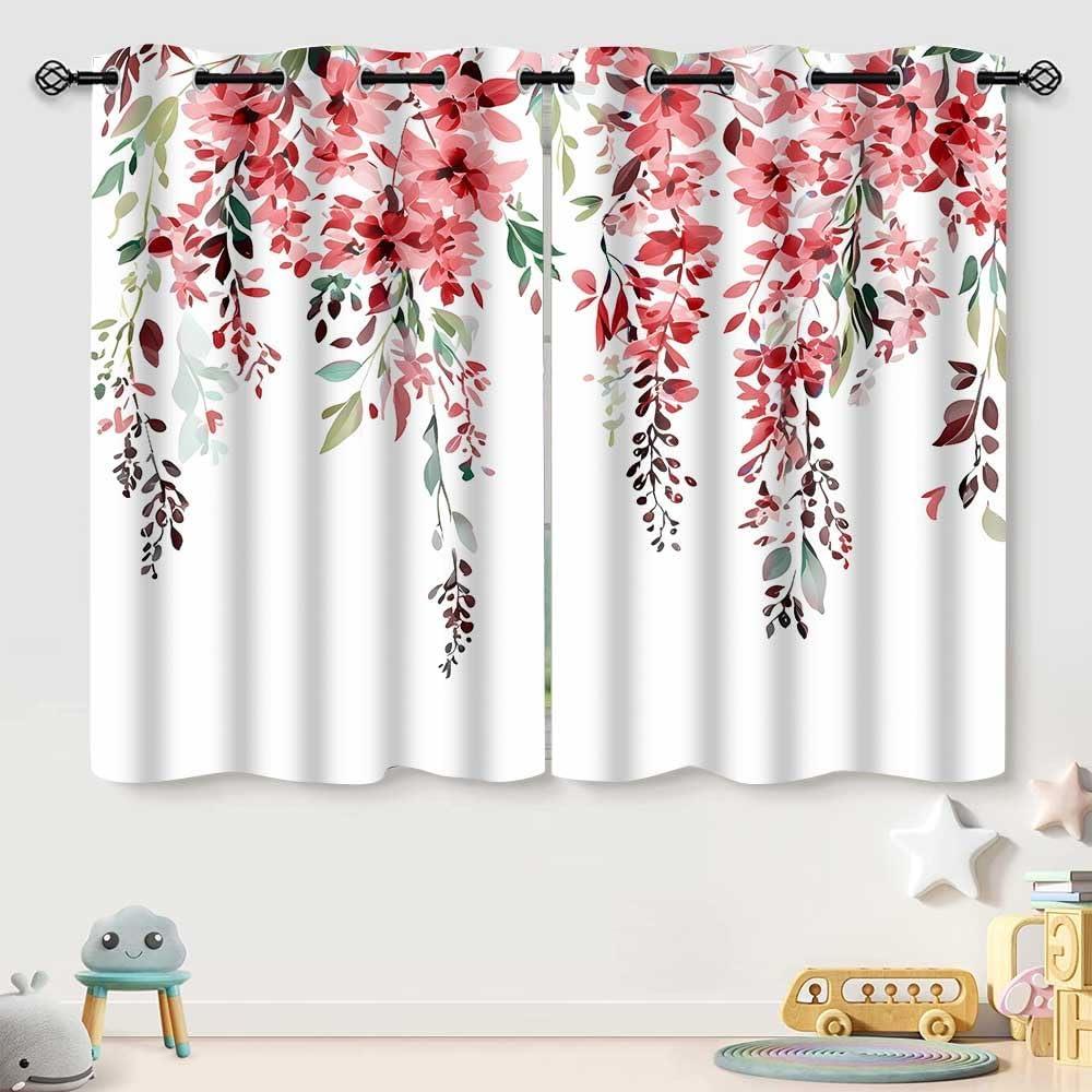 Red Watercolor Floral Curtains, Botanical Leaves Vine Flowers Curtain, Rustic Farmhouse Flower Leaf Blackout Window Treatment Drapes for Bedroom Living Room 52x63 inch, 2 Panels