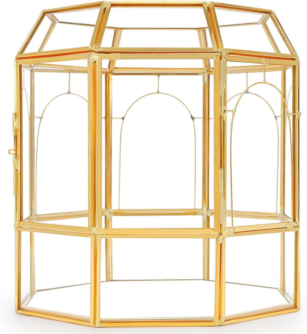 Large Glass Terrarium Handmade, Centerpiece Display Box Gift Planter Containers Indoor Terrariums House for Succulent Cacti Air Plants Miniature Fairy Garden (Gold)