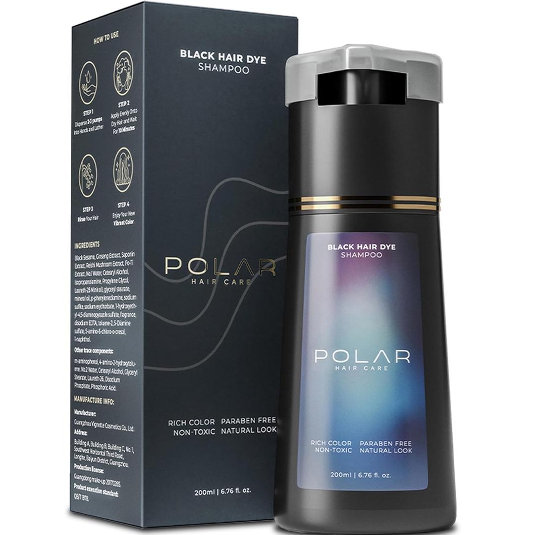 POLAR HAIR CARE Polar Haircare - Hair Dye Shampoo for Gray Hair for Women & Men (Jet Black) Natural Hair Dye Kit - Semi Permanent Hair Dye Shampoo - Vegan Hair Dye USA, 6.76 Fl Oz