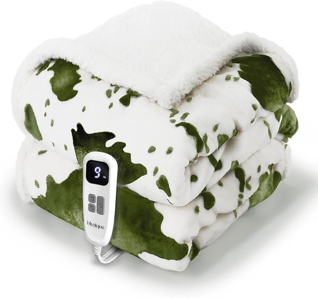 Heated Blanket Throw Blanket - Fast Heating Electric Blanket, Soft Flannel Heated Throw with 4 Time Settings,10 Heating Settings, Warm Gifts for Women & Mom & Grandma(50"x60"Cow Print Sage) (07 - Sage Ombre-white)