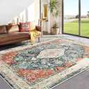 Topllen Ultra-Thin 6x9 Vintage Area Rug - Large Living Room Rug,Washable Dining Room Mat Non-Slip Backing for Office Bedroom,Home Decor Rug (Coral Red/Green,6'x9')