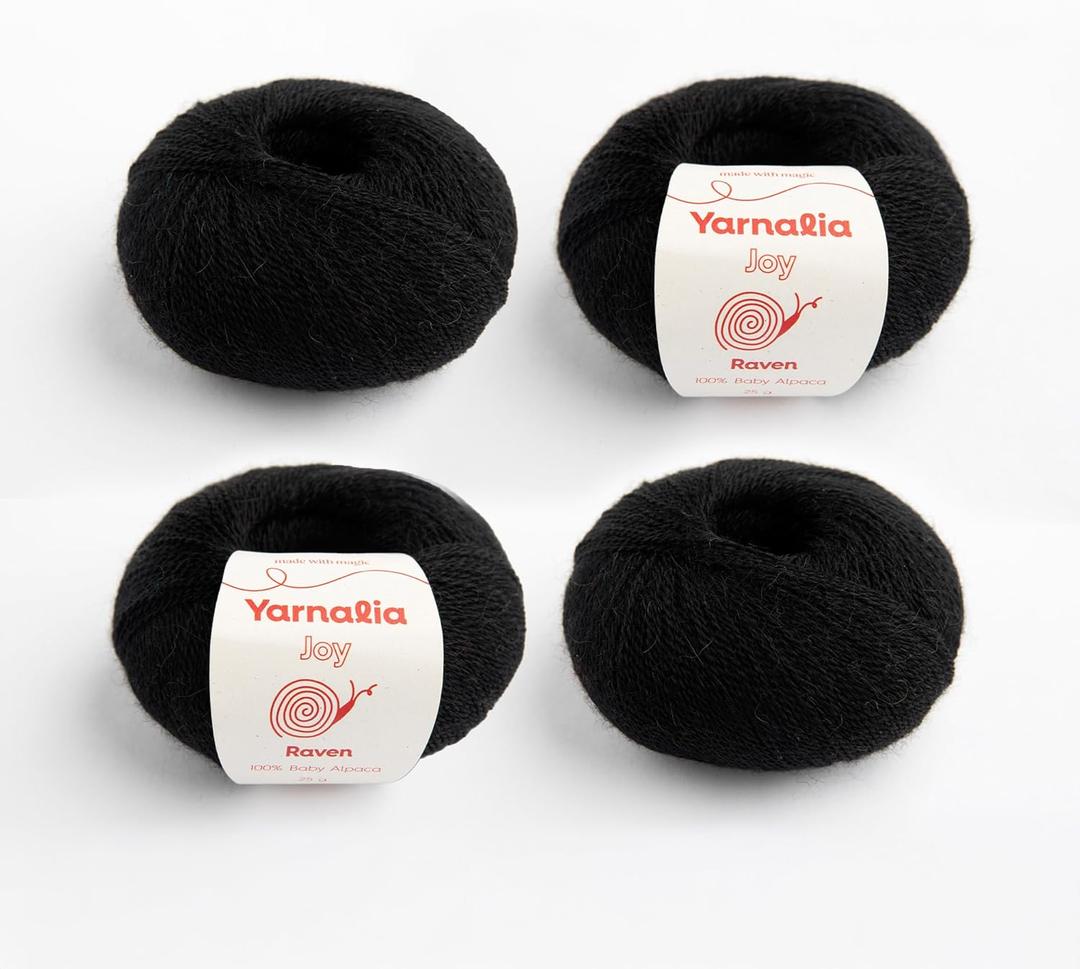Joy Lace Weight Alpaca Yarn 4-Pack, 100% Baby Alpaca, Ultra-Soft Alpaca Yarn for Knitting and Crocheting, Premium Yarn Spun in Peru, Raven (Black)