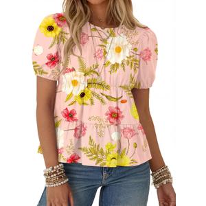 Rapbin Womens Summer Tops Round Neck Blouses Loose Puff Short Sleeve Cute Babydoll Tops Casual Dressy T-Shirts 2026（Pink Floral XL） (XL)