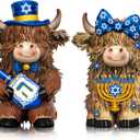 2 Pcs Hanukkah Highland Cow Figurines Decor Hanukkah Cow Gnomes Gifts Resin Statue Calf Lovers Gifts for Farmhouse Home Garden Bathroom Kitchen Tiered Tray Table Decor Office