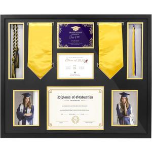 FramePro Graduation Shadow Box 24x29 Inch Display Case with Tempered Glass - Preserve Diploma(8.5x11), Tassel, Stole, Medal & 5x7 Photo | Premium Graduation Gift, Black Gold Mats