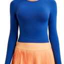 RUNNING GIRL Long Sleeve Workout Tops for Women Soft Crew Neck Basic Tight Cropped Top Casual Seamless Shirt (Blue, L)