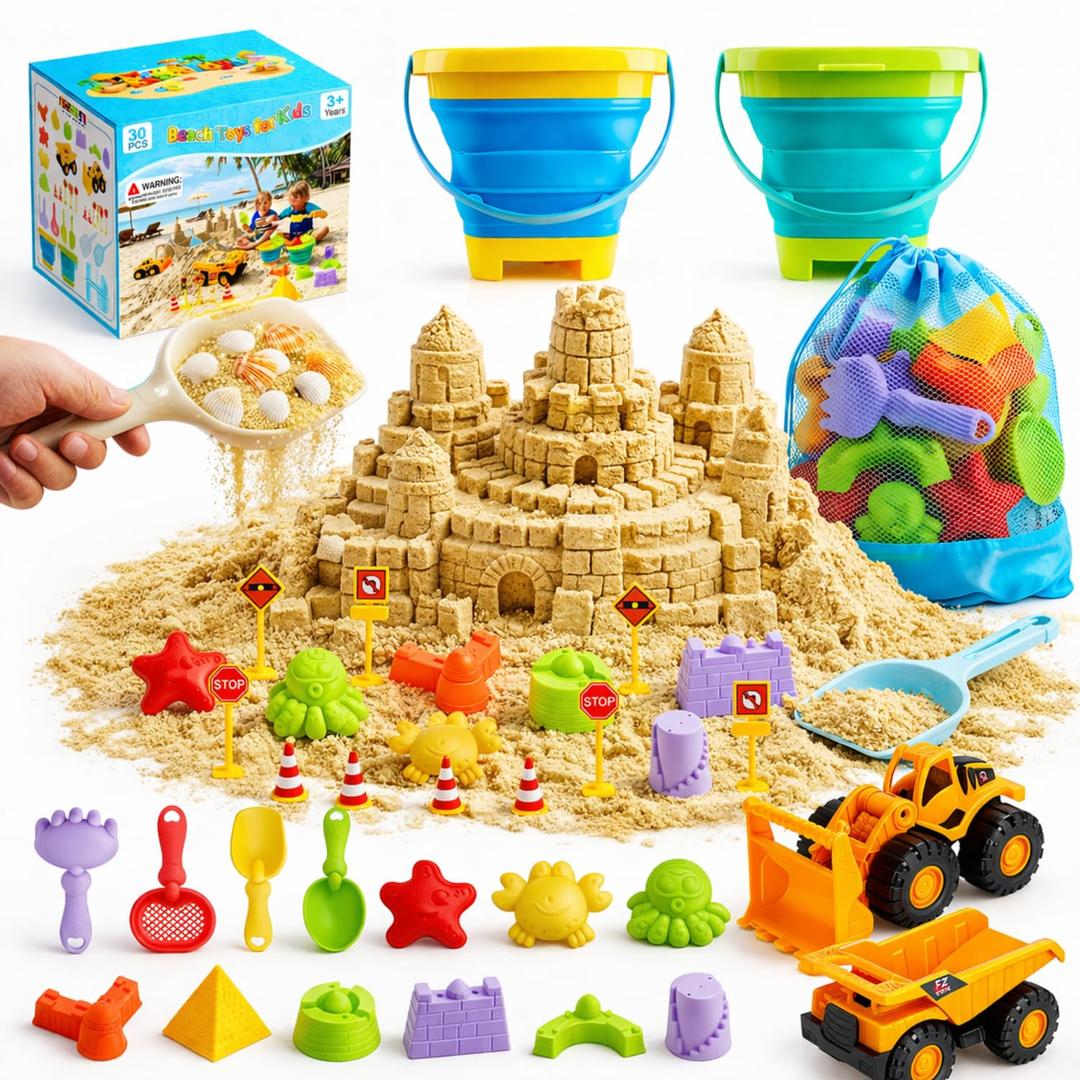 30PCS Beach Toys for Kids Ages 3-10, All-in-One Sand Toy Set with 2 Collapsible Buckets, Mesh Bag for Easy Packing, Trucks, Sea Animal Molds, Shovels & Sieves for Beach, Sandbox & Snow Play