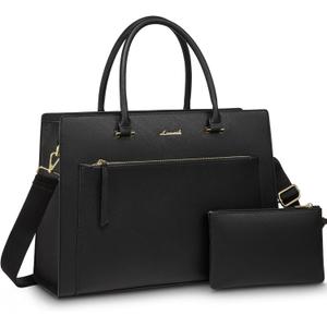 LOVEVOOK Laptop Bag for Women 15.6 Inch Black Tote Work Bag Leather Computer Briefcase Waterproof Business Teacher Office Bag Handbag with Small Clutch