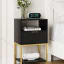 Nightstand,Modern Bedside Table with One Drawer and Two Shelf,Black Night Stand,End Table with Gold Frame for Bedroom,Living Room,Stripes
