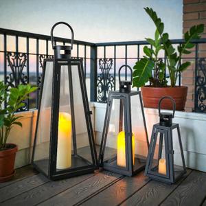 TRIROCKS Set of 3 Decorative Candle Lantern 11/16/21''H Metal Outdoor Candle Holder Hanging Lantern with Tempered Glass for Christmas Home Living Room Parties Event Indoors Outdoors (Black Triangle)