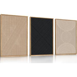 Ausril 3 Pcs Neutral Abstract Framed Wall Art, Mid Century Modern Canvas Wall Decor, Boho Geometric Line Wall Painting, Beige Minimalist Textured Art Print for Living Room Bedroom Office - 24x36inch