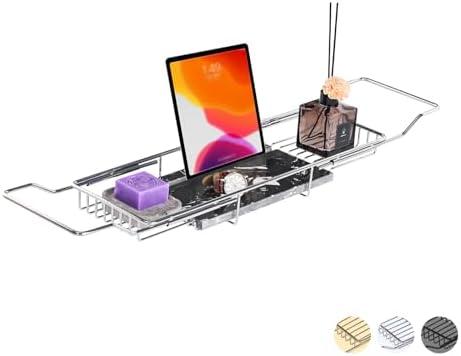 MARBBNEST Bathtub Tray Caddy for Luxury Bath Expandable Extra Wide Bath Tub Tray with Natural Marble Tray and Mobile/Tablet Stand, Ideal for Home Spa Lovers