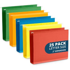 Blue Summit Supplies 25 Extra Capacity Hanging File Folders Letter Size 2 Inch Expansion, Expanding Hanging File Folders, Wide, Expandable, Reinforced 12pt Paper, Assorted Colors