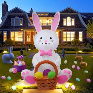 5FT Rabbit Holding a Flower Basket Easter Inflatable Yard Decorations, Blow up Easter Bunny with Basket Light up Outdoor Decor for Holiday Party Indoor Outdoor Garden Lawn