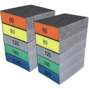 10-Pack Sanding Sponge, Five Grits Per Pack (60/80/120/180/220), Washable & Reusable Sanding Block for Wood, Drywall, Metal, and Glazing, Ergonomic Hand Sanding Tool