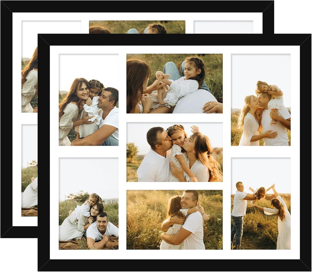 4x6 Picture Frame Collage for Wall, Display 7 Pcs 4x6 Photos with Mat or 12x14 Without Mat, 7 Opening Photo Frame for 4 x 6 Pictures with Shatter Resistant Plexiglass, White Mat, Black, 2 Pack