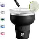 16 oz Cocktail Tumbler with Lid and Straw - Stainless Steel Insulated Margarita Tumbler - 320 Sippable Stemless Wine Cup for Party | Black