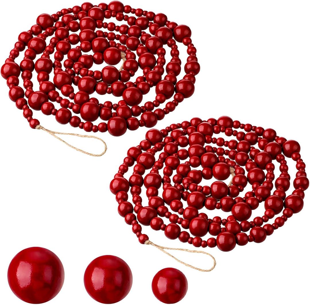2 Pcs 16.4 Feet Christmas Wood Bead Garland Rustic Christmas Wooden Beads Decorative Tree Wooden Beaded Garland Decor Farmhouse Boho Ornaments for Xmas Decoration Supplies(Dark Red)