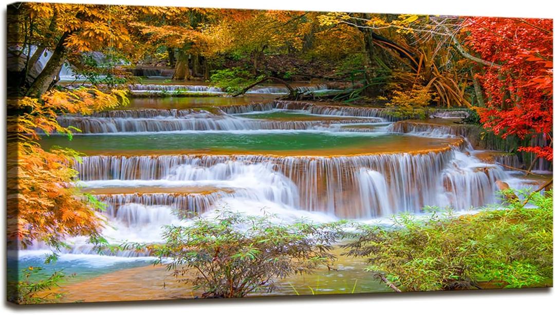 DZL Art S75375 Large Wall Art Canvas Prints Waterfall In Deep Rain Forest Jungle Painting Framed wall art for living Room Bedroom and Office Home Decor Artwork, 60"L x 30"W