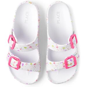 The Children's Place Girls Double Buckle Slip On Slide Sandals, White Paint Splatter, 13 Little Kid