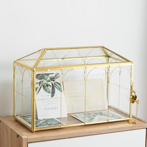 Glass Wedding Card Box with Slot, 12.5'' Large Clear Card Box Gold Brass Storage Box with Lock Perfect for Wedding Receptions, Baby Shower, Birthday Party, Bridal Shower