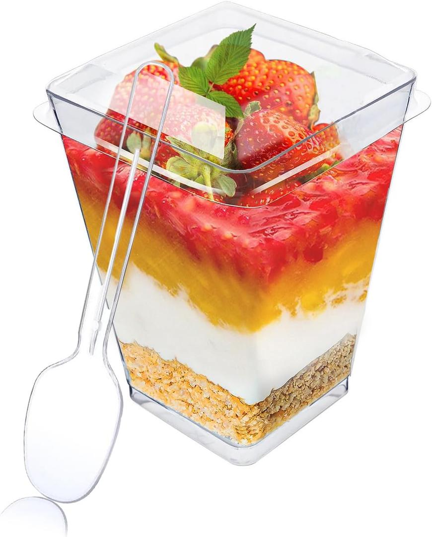 DONEUS 100 Pack 5 oz Plastic Dessert Cups with Lids and Spoons, Disposable Mini Dessert Clear Yogurt Appetizer Square Plastic Cups for Pudding, Fruit and Ice Cream