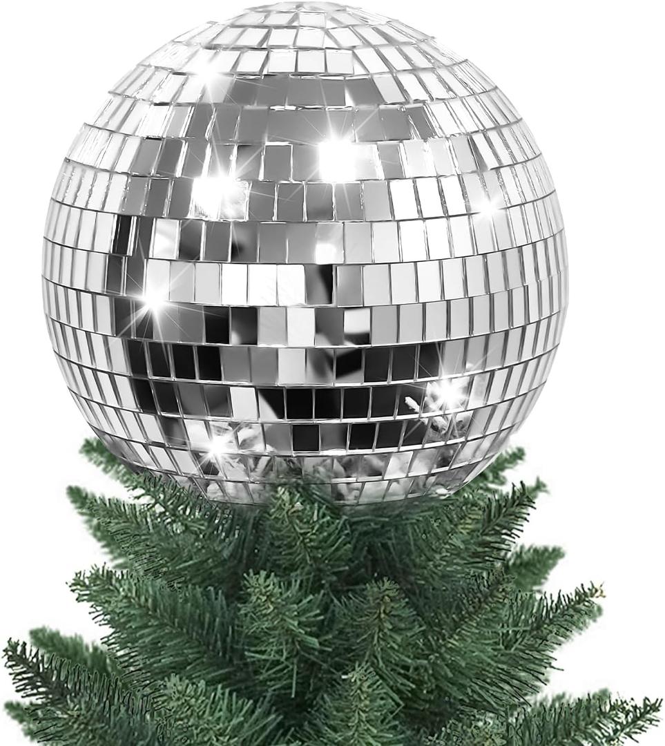 APUDWN 6 Inch Disco Ball Christmas Tree Topper, Retro Silver Reflective Disco Ornaments, Sparkling Mirror Ball Xmas Tree Topper for 70s Theme Party Home Wedding Indoor Outdoor Birthday Holiday Decor