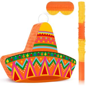 Mexican Sombrero Hat Pinata Mexican Themed Party Pinata Cinco De Mayo Pinata with Stick Blindfold for Cinco De Mayo Fiesta Carnival Birthday Party Games Supplies, 16.1x11.8x3.2 Inches