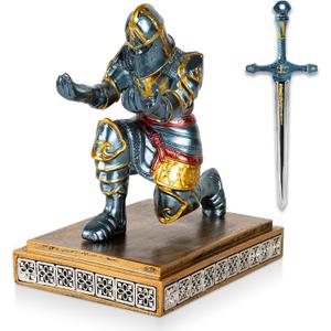 MACLARONX Kneeling Knight Pen Holder with Sword Medieval Warrior Fancy Pencil Stand for Office Desk Home Decor for Men Father Husband Armor Soldier Statue