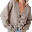 Saodimallsu Womens Bow Sweater Cropped V Neck Long Sleeve Fall Cozy Knit Loose Trendy Pullover Sweaters (S)