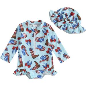 Toddler Baby Girl Rash Guard 4th of July Swimsuit Long Sleeve Zipper Bathing Suit Swimwear with Swim Cap (3-6 Months)